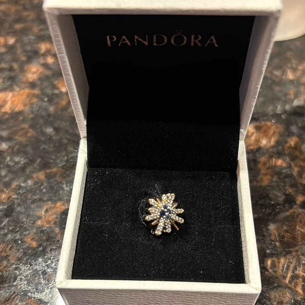 Pandora Rose Gold charm; Blue & Crystal Bracelet Charm with Intricate Design